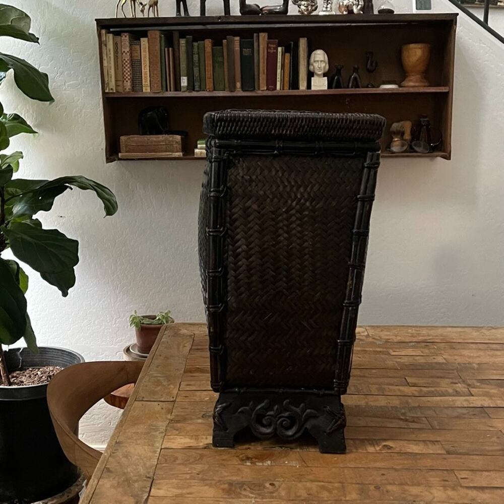 Vintage Chinese Footed Woven Rattan Storage Basket with Lid
